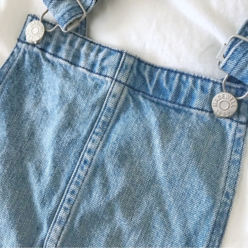 Madewell Overall Denim Jumper Mini Dress Faded Distressed Fringe Raw Hem Blue XS - Picture 2 of 6